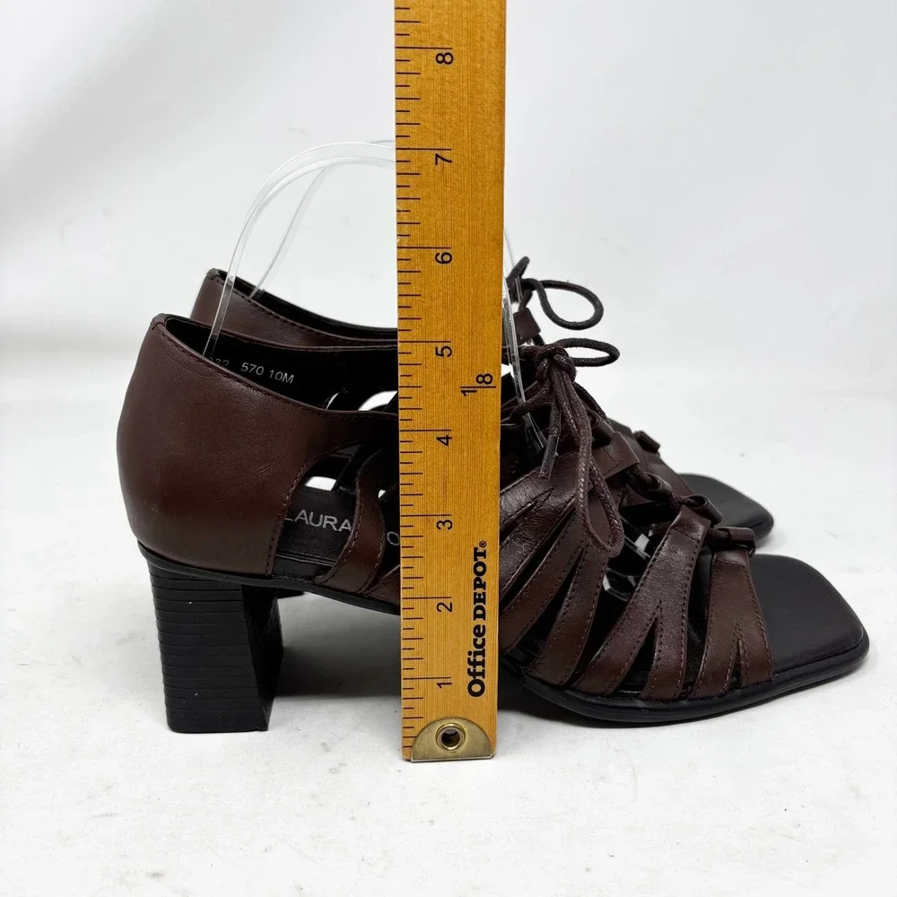 90s Laura Scott Jill Brown Leather Strappy Lace Up Block Heel Sandals Size 10M‎